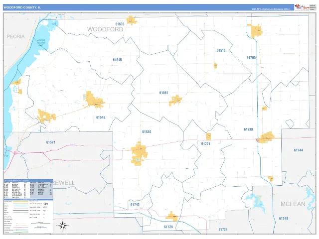 Woodford County, IL ZIP Code Wall Map, Business Reference style