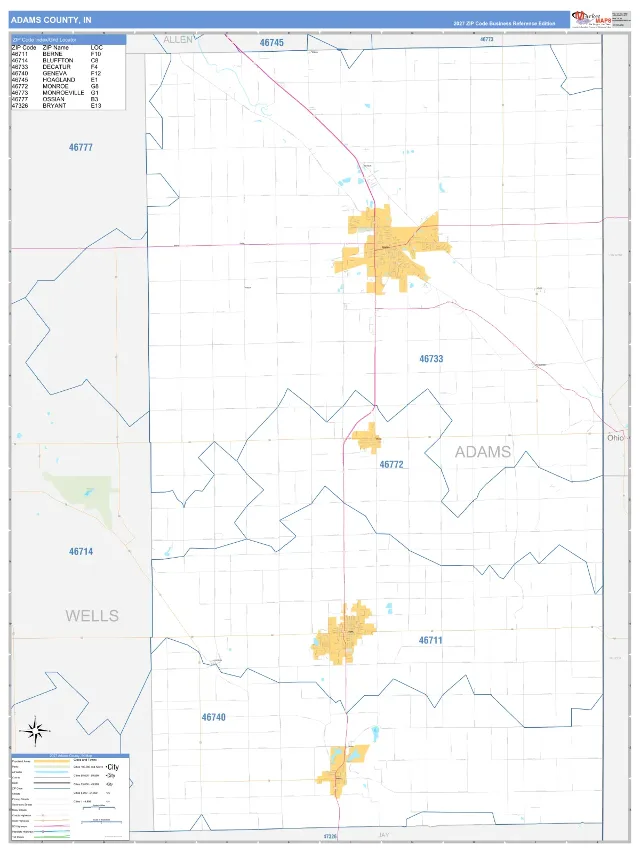 Adams County, IN ZIP Code Wall Map, Business Reference style