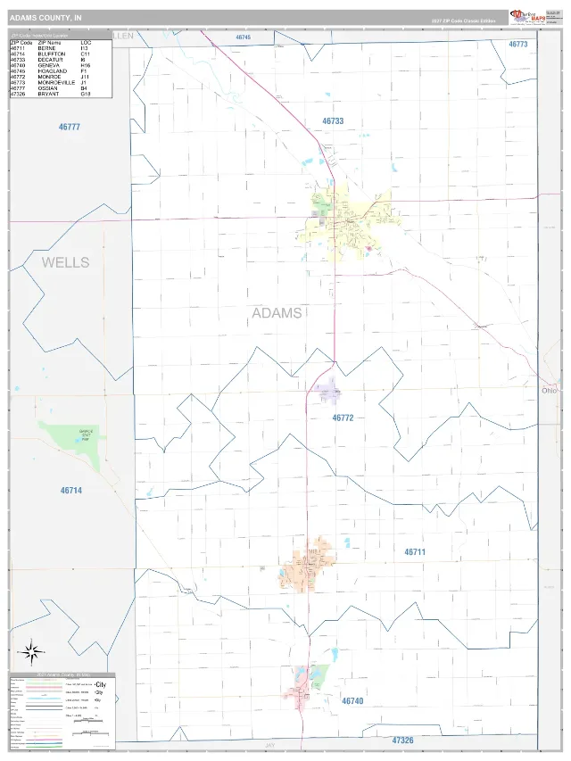 Adams County, IN ZIP Code Wall Map, Classic style