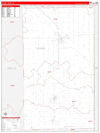 Adams County, IN RedLine style ZIP Code wall map