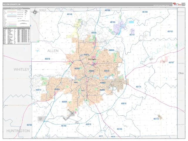 Allen County, IN ZIP Code Wall Map, Classic style