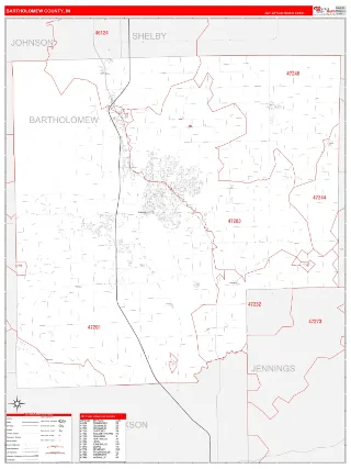 Bartholomew County, IN RedLine style ZIP Code wall map
