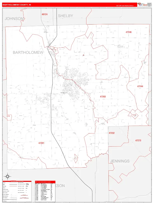 Bartholomew County, IN ZIP Code Wall Map, RedLine style