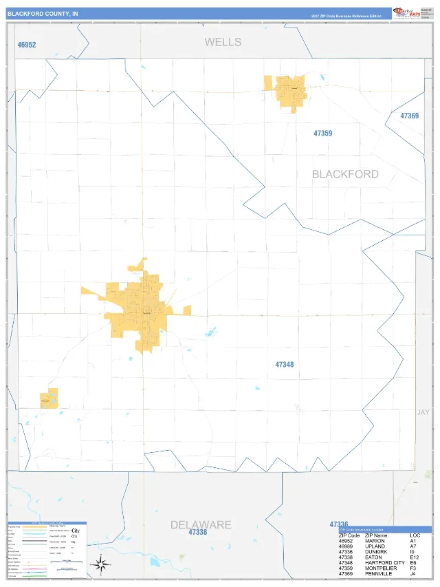 Blackford County, IN ZIP Code Wall Map, Business Reference style