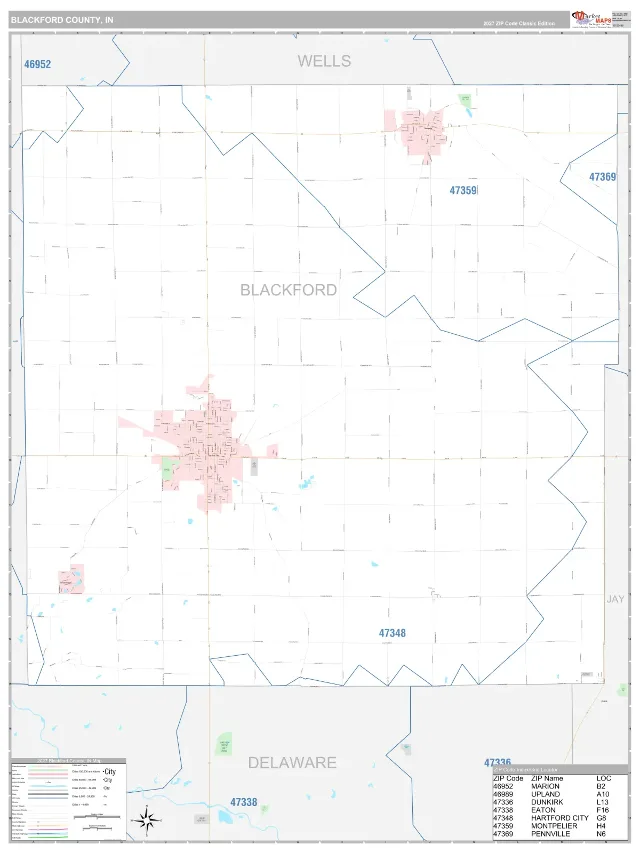 Blackford County, IN ZIP Code Wall Map, Classic style