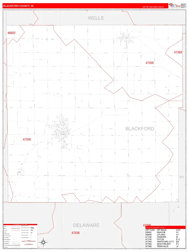 Blackford County, IN ZIP Code Wall Map, RedLine style