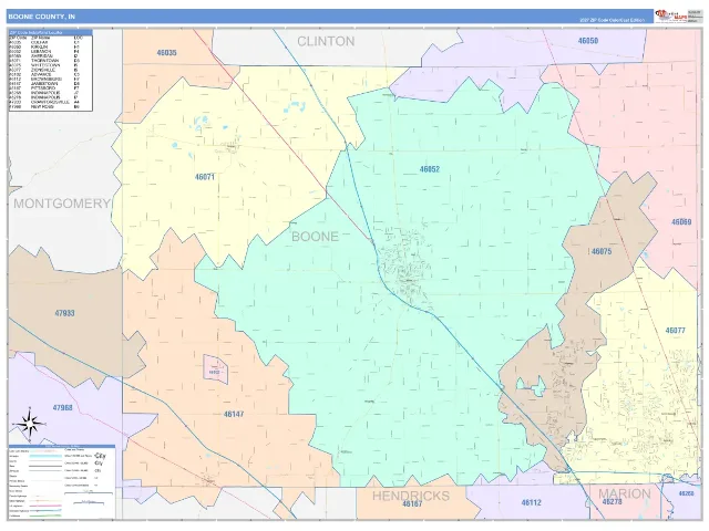 Boone County, IN ZIP Code Wall Map, ColorCast style