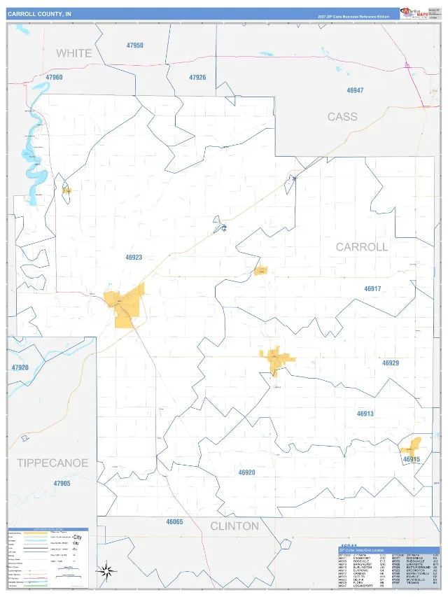 Carroll County, IN ZIP Code Wall Map, Business Reference style