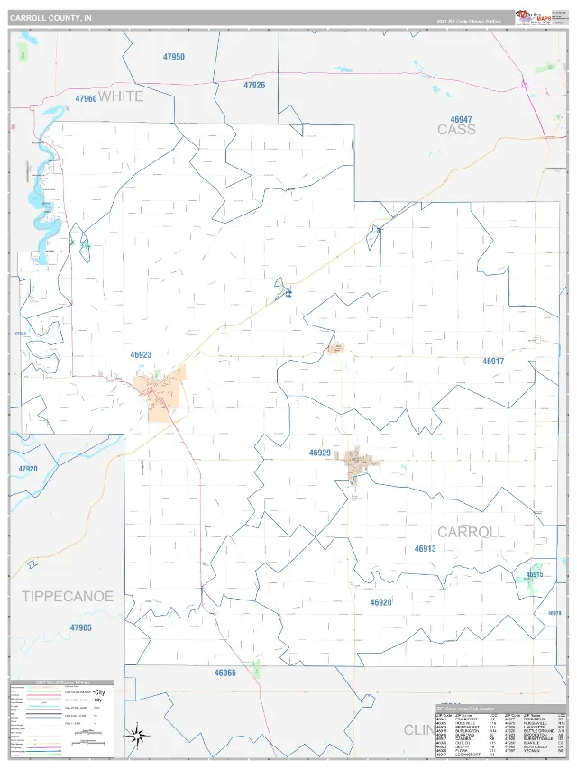 Carroll County, IN ZIP Code Wall Map, Classic style