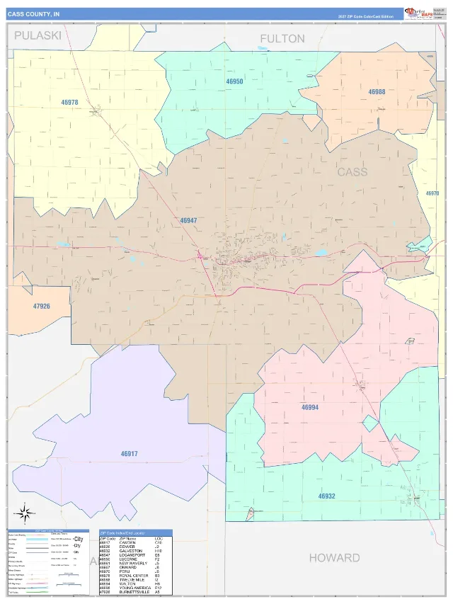 Cass County, IN ZIP Code Wall Map, ColorCast style