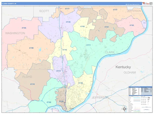 Clark County, IN ZIP Code Wall Map, ColorCast style