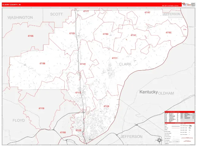 Clark County, IN ZIP Code Wall Map, RedLine style