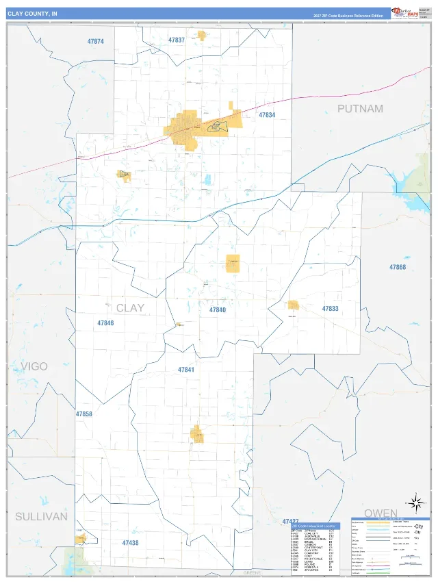 Clay County, IN ZIP Code Wall Map, Business Reference style