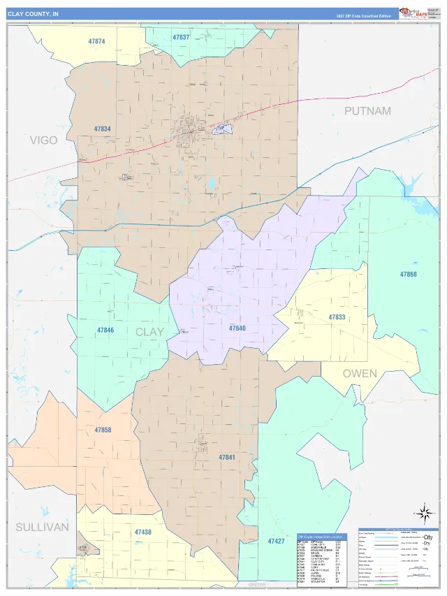 Clay County, IN ZIP Code Wall Map, ColorCast style