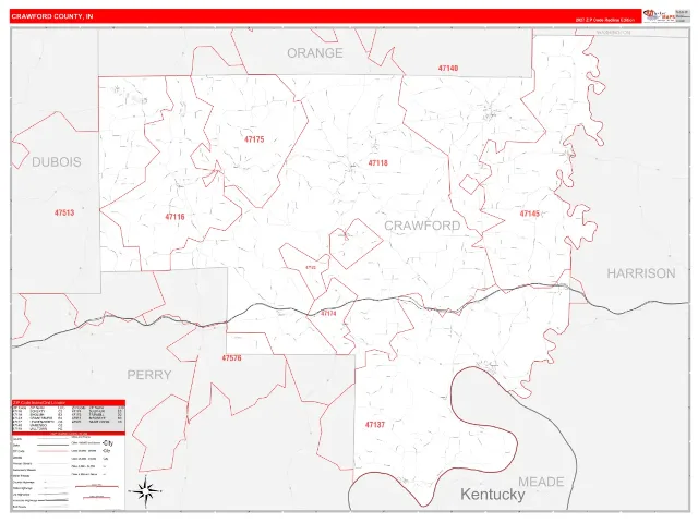 Crawford County, IN ZIP Code Wall Map, RedLine style