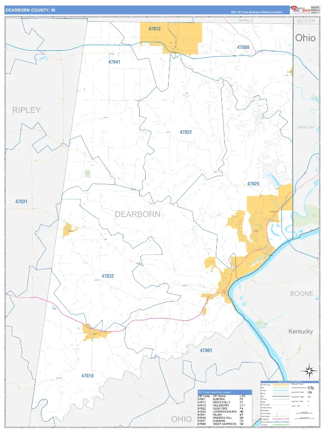 Dearborn County, IN ZIP Code Wall Map, Business Reference style