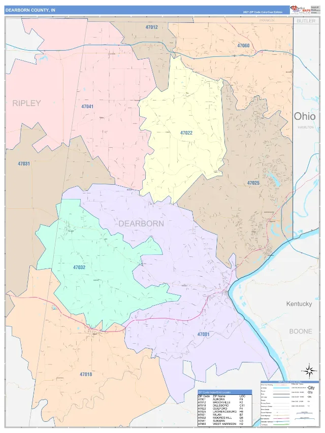 Dearborn County, IN ZIP Code Wall Map, ColorCast style