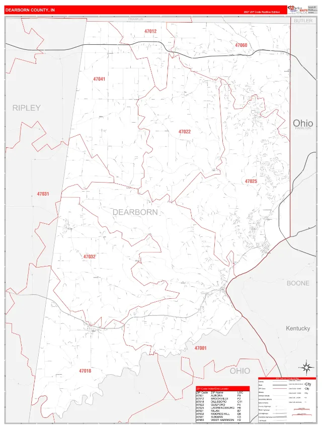 Dearborn County, IN ZIP Code Wall Map, RedLine style