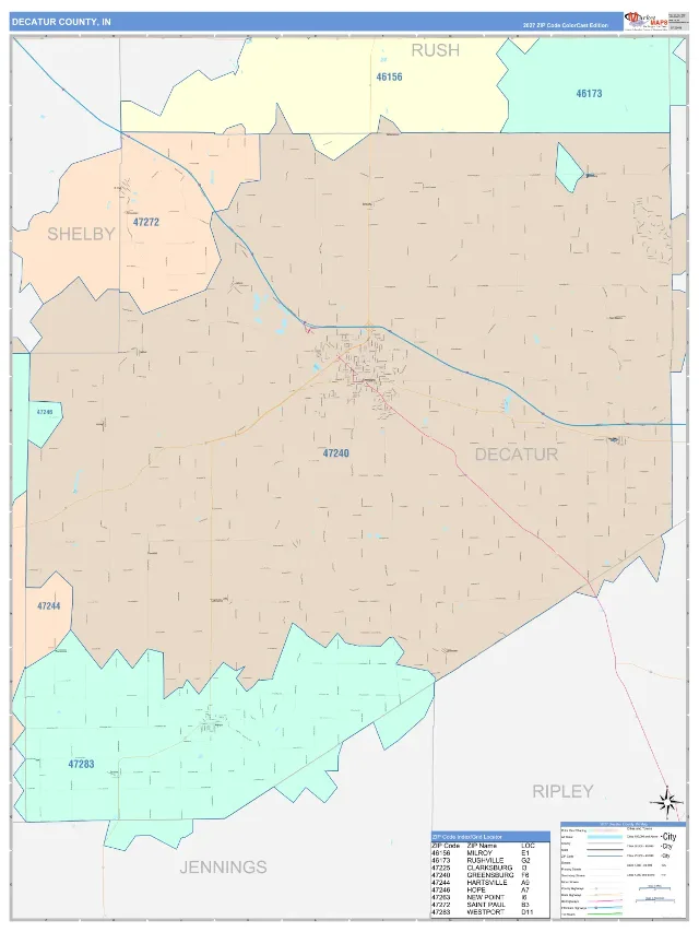 Decatur County, IN ZIP Code Wall Map, ColorCast style