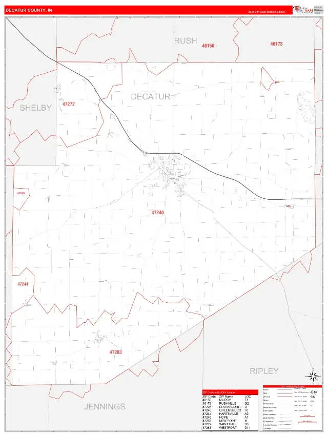 Decatur County, IN ZIP Code Wall Map, RedLine style