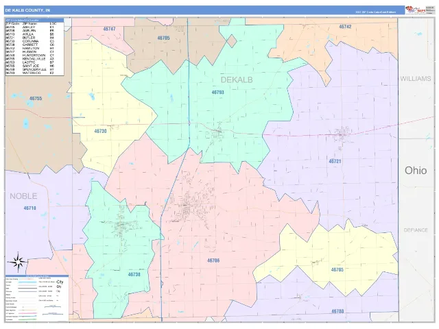 DeKalb County, IN ZIP Code Wall Map, ColorCast style