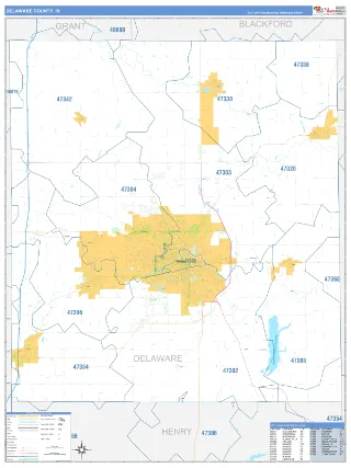 Delaware County, IN Business Reference style ZIP Code wall map