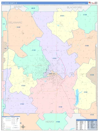Delaware County, IN ColorCast style ZIP Code wall map