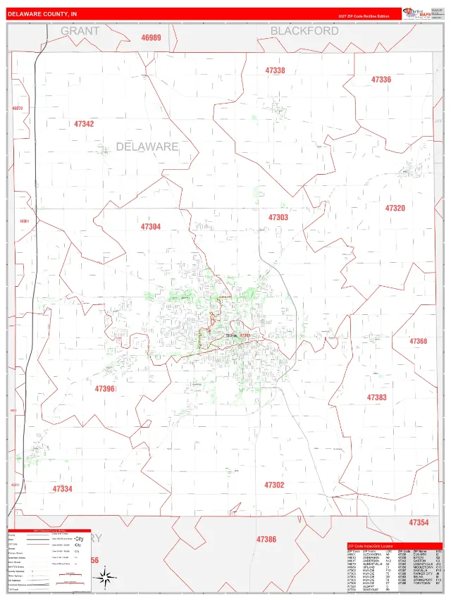 Delaware County, IN ZIP Code Wall Map, RedLine style