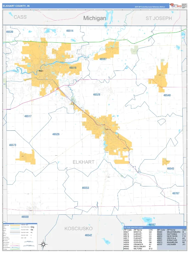 Elkhart County, IN ZIP Code Wall Map, Business Reference style