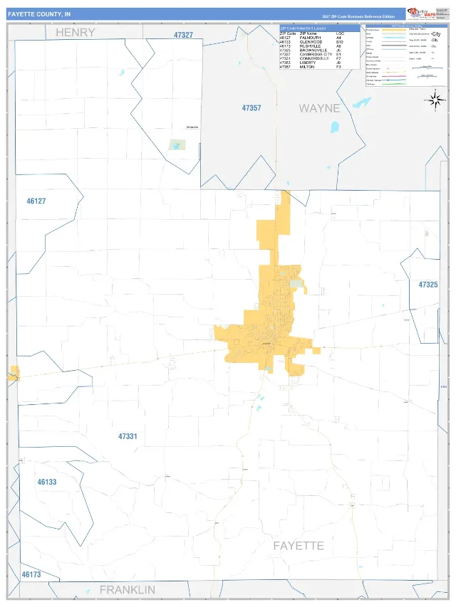 Fayette County, IN ZIP Code Wall Map, Business Reference style