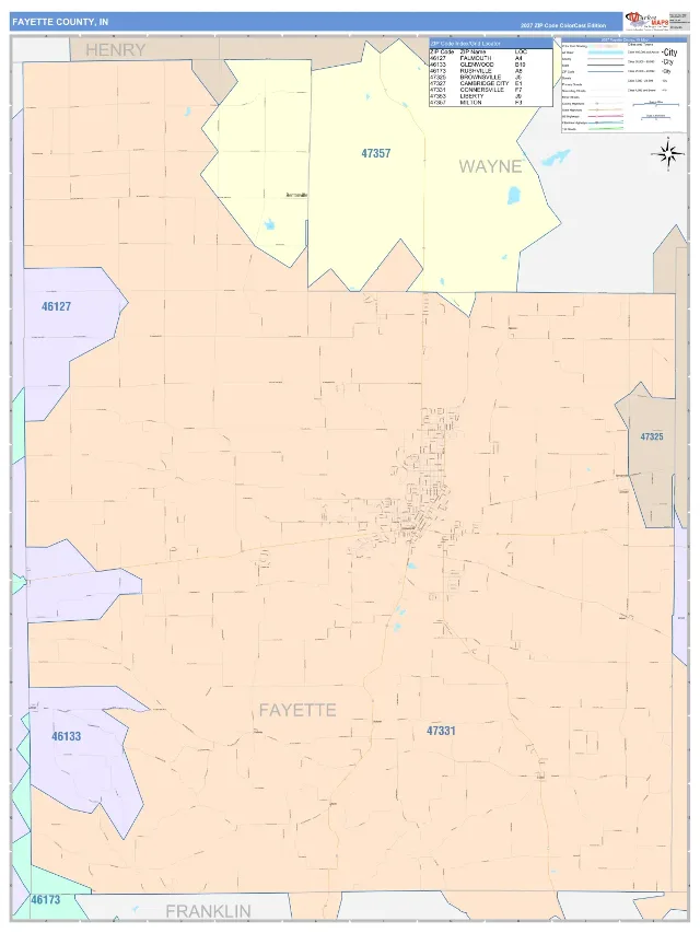 Fayette County, IN ZIP Code Wall Map, ColorCast style