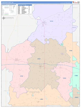 Fountain County, IN ColorCast style ZIP Code wall map