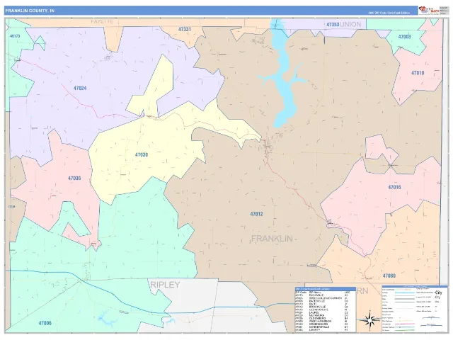 Franklin County, IN ZIP Code Wall Map, ColorCast style