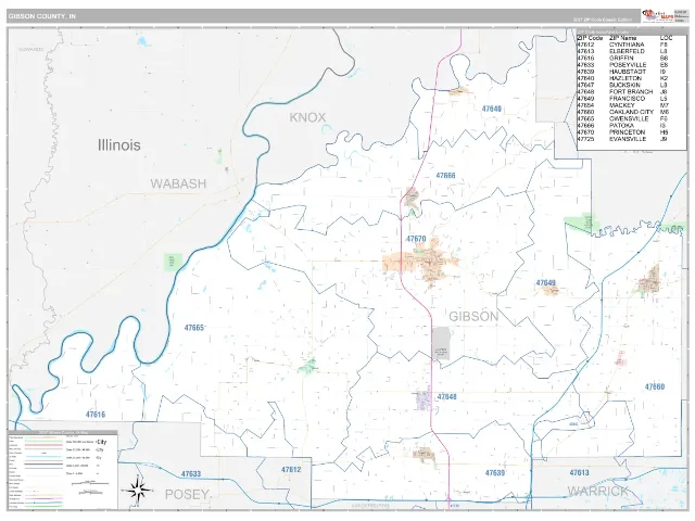 Gibson County, IN ZIP Code Wall Map, Classic style