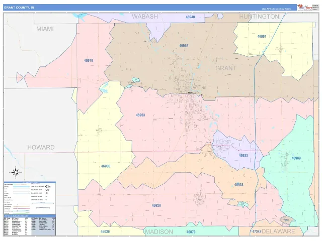 Grant County, IN ZIP Code Wall Map, ColorCast style