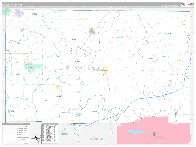 Greene County, IN ZIP Code Wall Map, Classic style