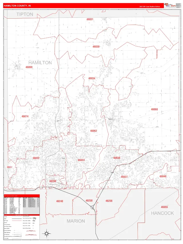 Hamilton County, IN ZIP Code Wall Map, RedLine style