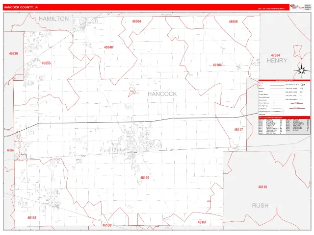 Hancock County, IN ZIP Code Wall Map, RedLine style