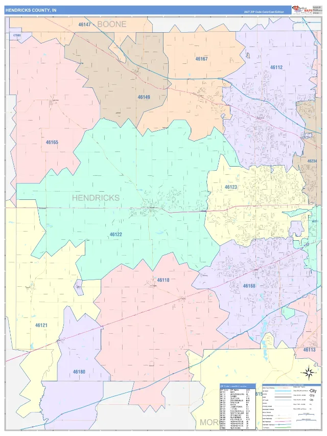 Hendricks County, IN ZIP Code Wall Map, ColorCast style
