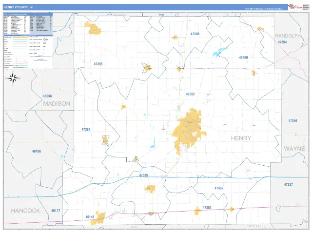 Henry County, IN ZIP Code Wall Map, Business Reference style