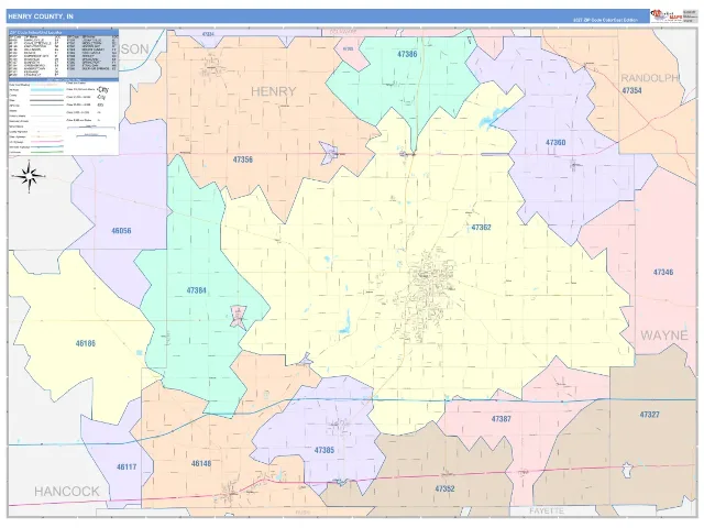 Henry County, IN ZIP Code Wall Map, ColorCast style
