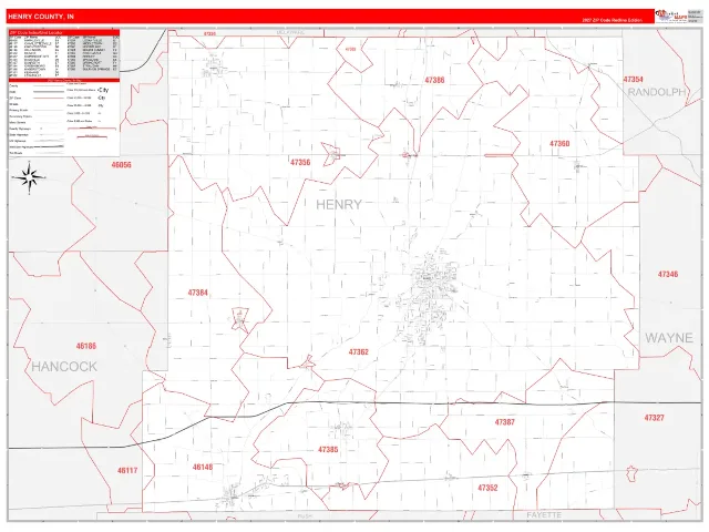 Henry County, IN ZIP Code Wall Map, RedLine style