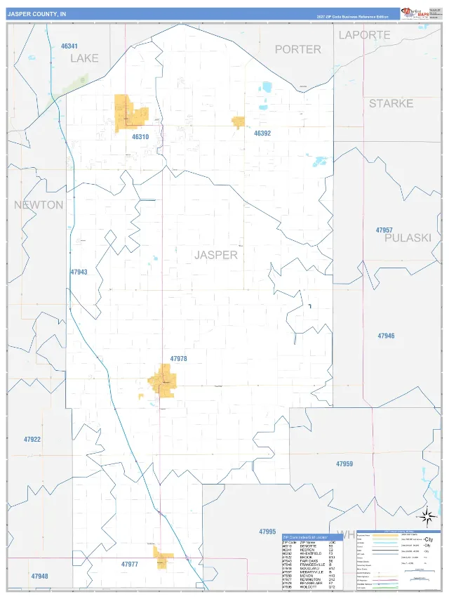 Jasper County, IN ZIP Code Wall Map, Business Reference style