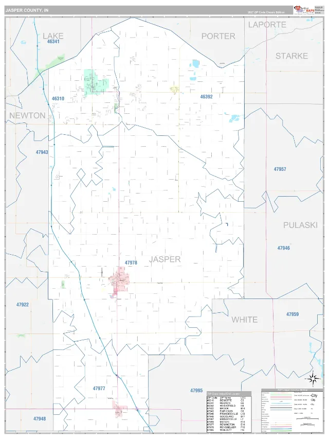 Jasper County, IN ZIP Code Wall Map, Classic style