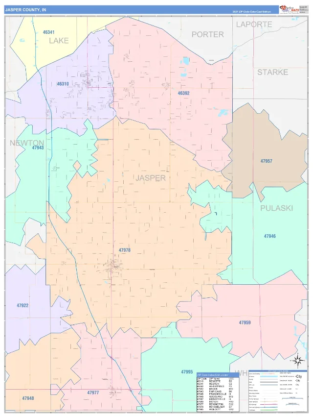 Jasper County, IN ZIP Code Wall Map, ColorCast style