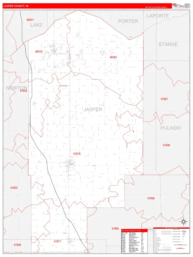 Jasper County, IN ZIP Code Wall Map, RedLine style
