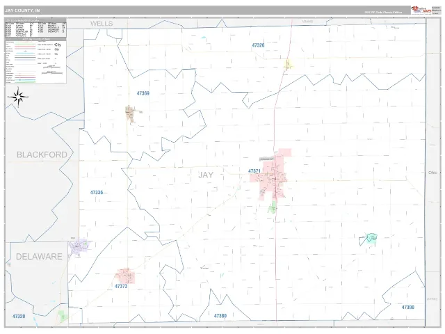 Jay County, IN ZIP Code Wall Map, Classic style