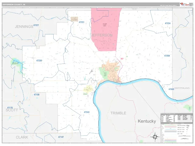 Jefferson County, IN ZIP Code Wall Map, Classic style