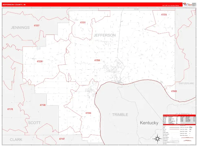 Jefferson County, IN ZIP Code Wall Map, RedLine style