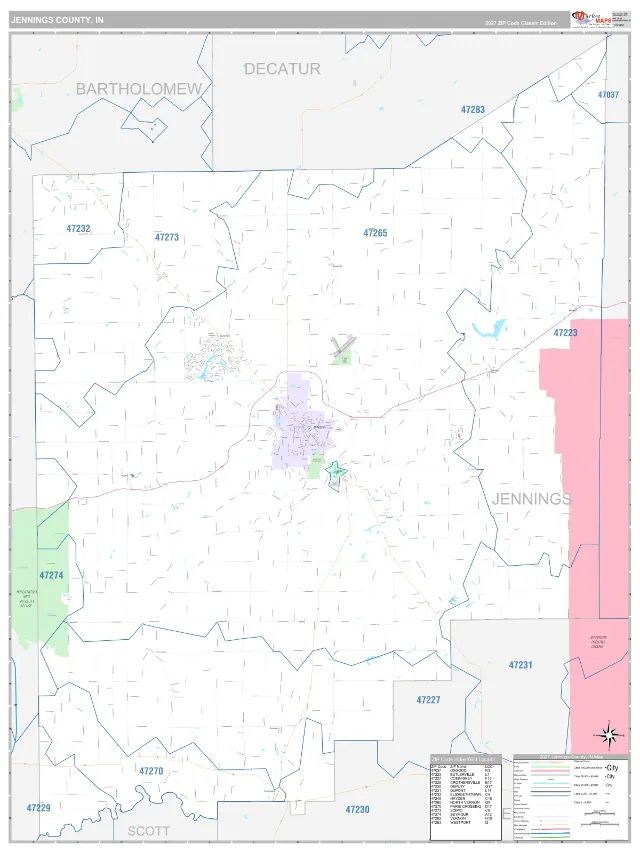 Jennings County, IN ZIP Code Wall Map, Classic style